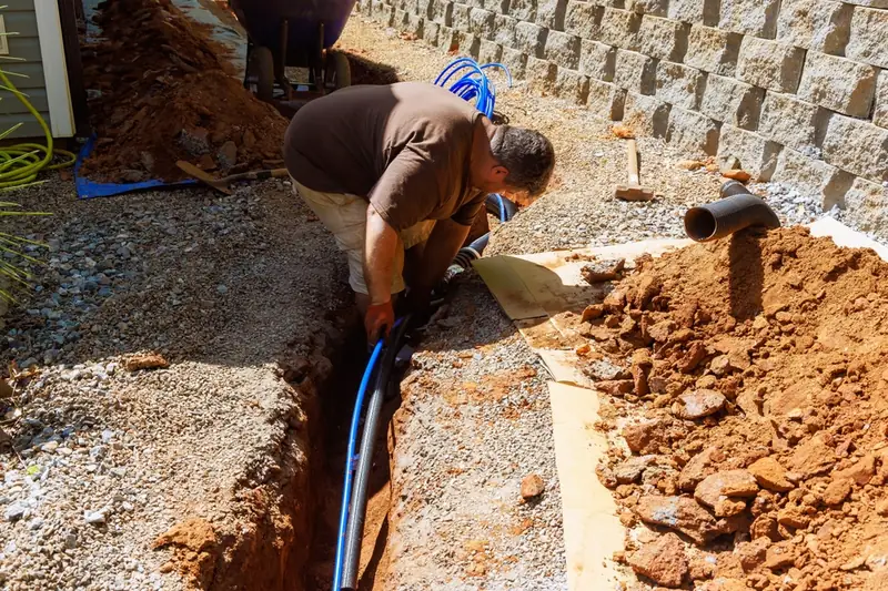 Worker laying a blue water line in a gravel trench beside a retaining wall