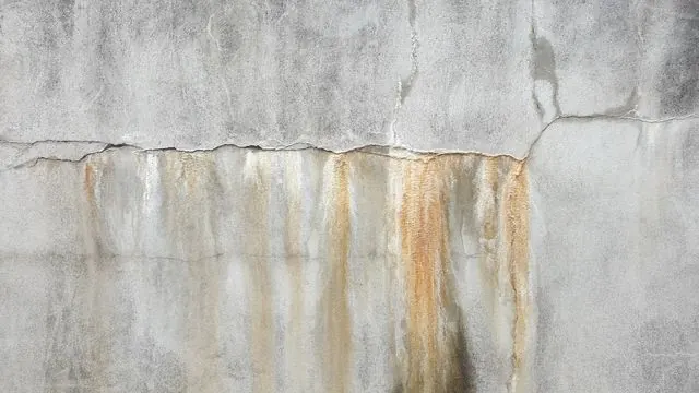 Water and rust stains running down a concrete wall