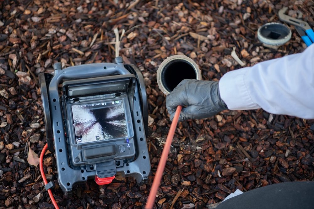 Sewer camera monitor showing the inside of a pipe during a sewer line inspection